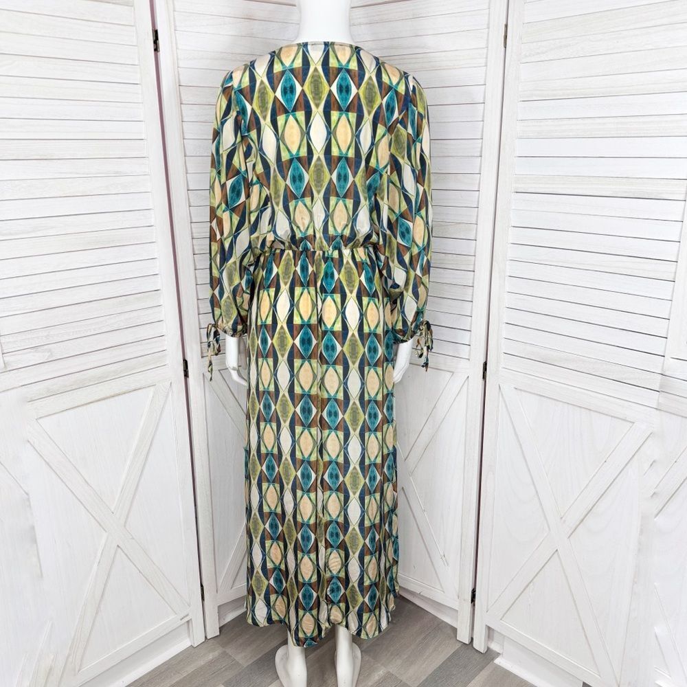 Zara Geometric Print Sateen Maxi Dress Green Blue Tan‎ Long Sleeve Small - Picture 5 of 13